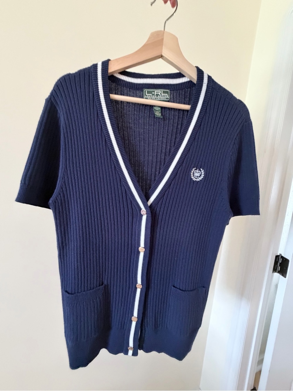 Vintage Ralph Lauren Ribbed Tennis Knit Top in Navy Blue & White